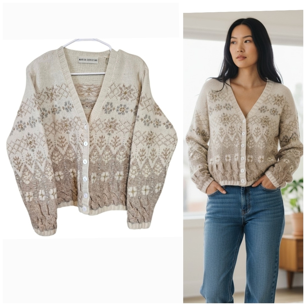 Marisa Christina Vintage Fair Isle Beaded Cable Knit Chunky Button Down Cardigan